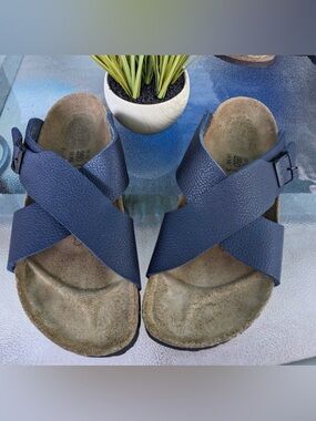 Navy Cross-Strap Slide Sandals